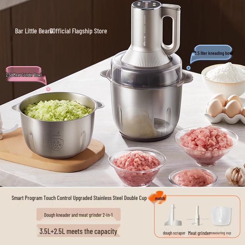 Little Bear Multi-Functional Meat Grinder & Dough Mixer: Kneads, Mixes, Minces, Grinds, and Makes Pasta with Double-Cup Design.
