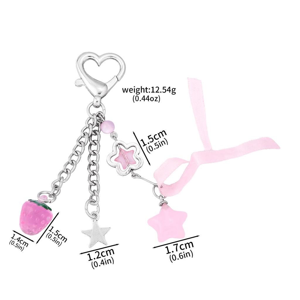 Exquisite Pink Strawberry Bow Keychain Y2k Fashion Star Flower Tassel Heart Keyring Phone Charm Pendant Beaded Chain Women Gift