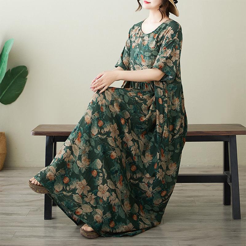 New Plus Size Summer Printed Short Sleeve Round Neck Dress Plus Size