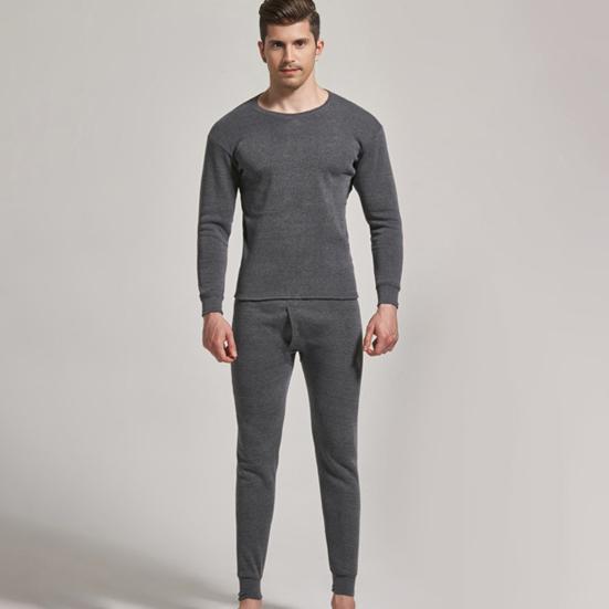 2 Pcs/Set Winter Men Thermal Underwear Set Round Neck Long Sleeve Warm Thick Pure Color Slim Fit Elastic Open Crotch Men Pajamas Set Homewear Clothing