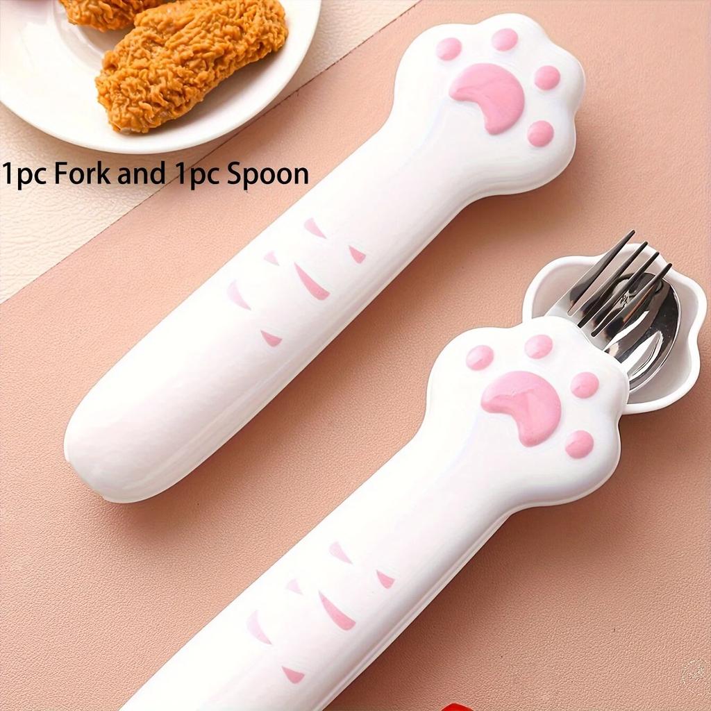 2Pcs/set Cat Claw Portable Stainless Steel Spoon and Fork Student Tourism Tableware Cute Stainless Steel Spoon
