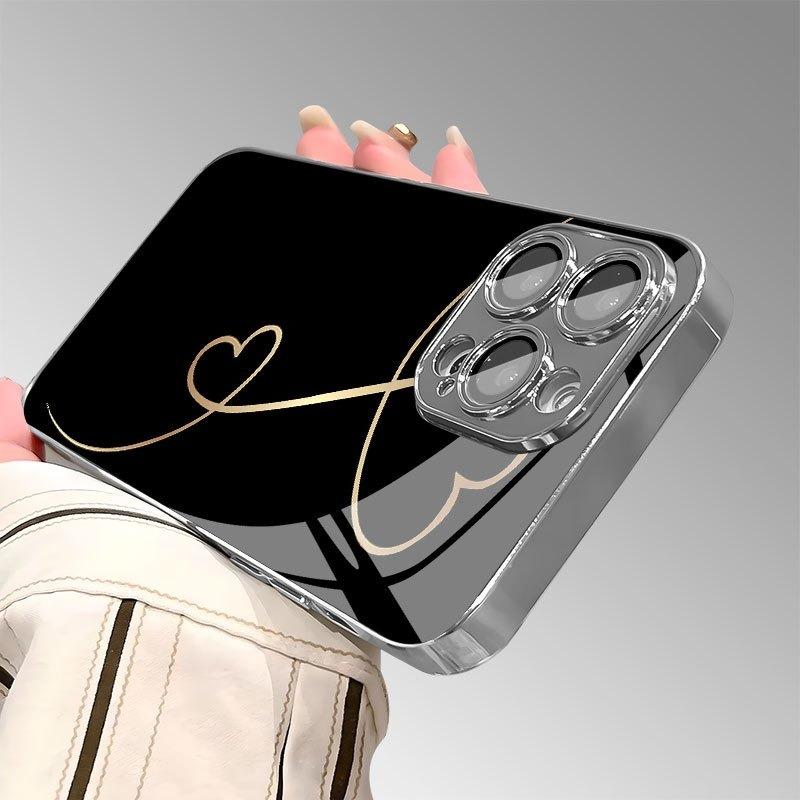 Simple Gold Heart Line Pattern Glass Electroplated Phone Case For iPhone 17 16 15 14 13 12 11 Pro Max 15 14 Plus 16E 17Air Cover