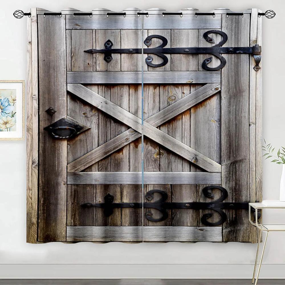 Retro Country Style Light Filtering Colour Wooden Door Patterned Curtains Farm Barn Retro Style Background Window Drapes for Living Room Bedroom