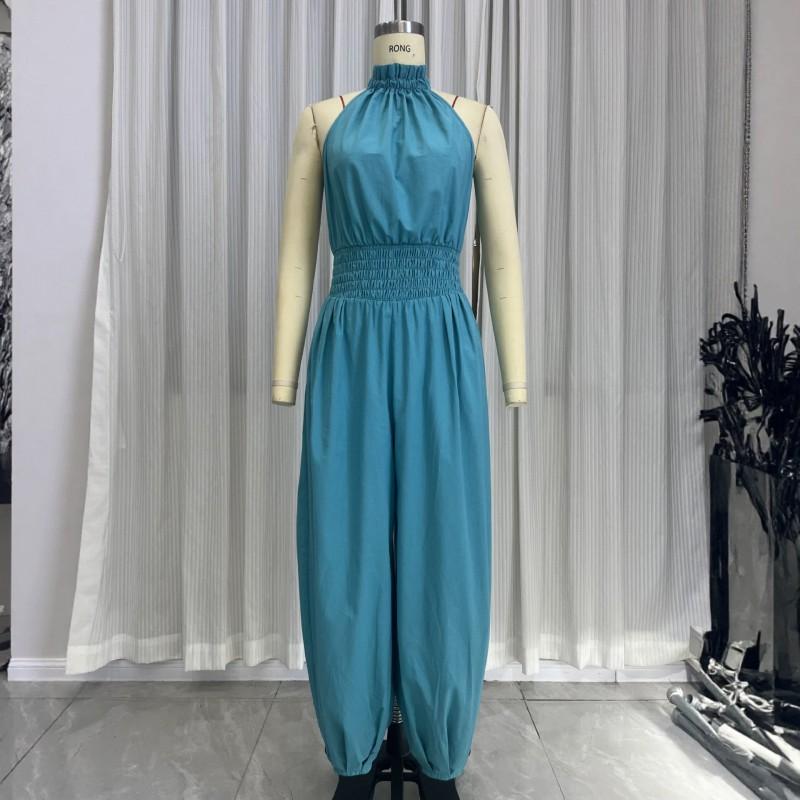 Womens Sleeveless Halter Jumpsuit High Waist Wide Leg Boho Chic Outfit 100% Viscose