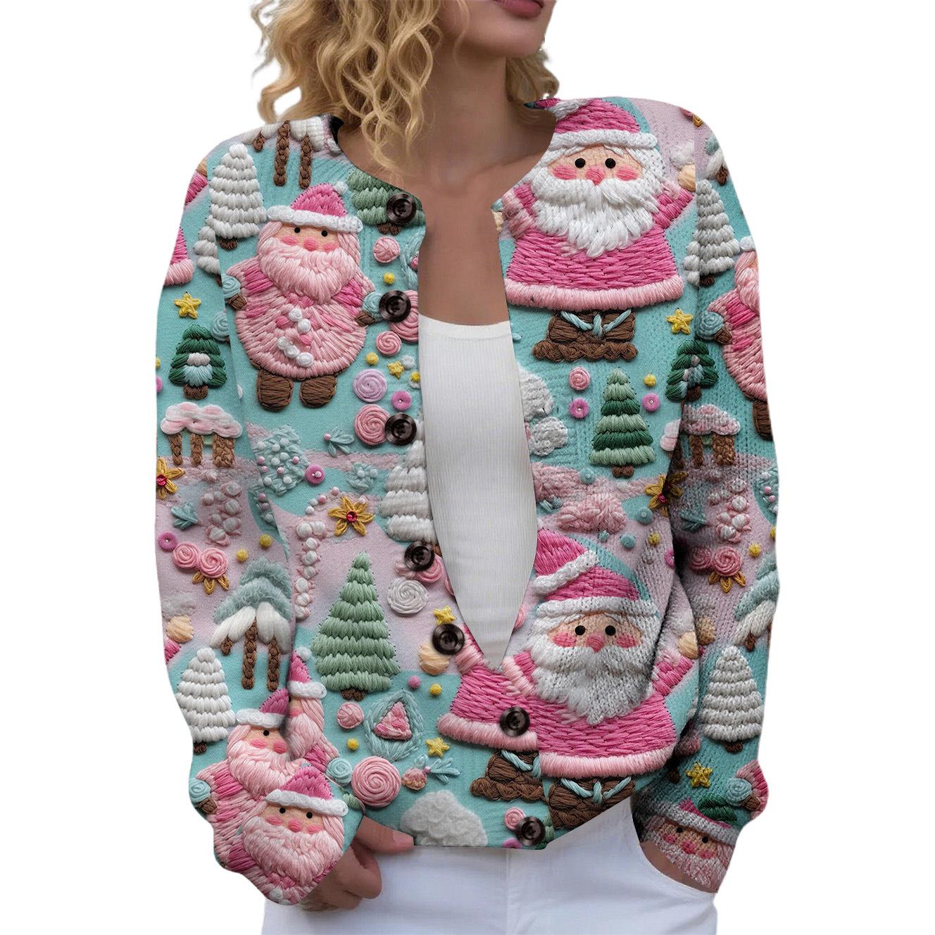 ZWX-YK1 Cardigan Crew Neck Christmas Elements Festive 3D Printed Sweater S