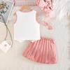 2PCS Girls Floral Applique Sleeveless Vest & Pleated Skirt Set, Casual Summer Two-Piece Outfit