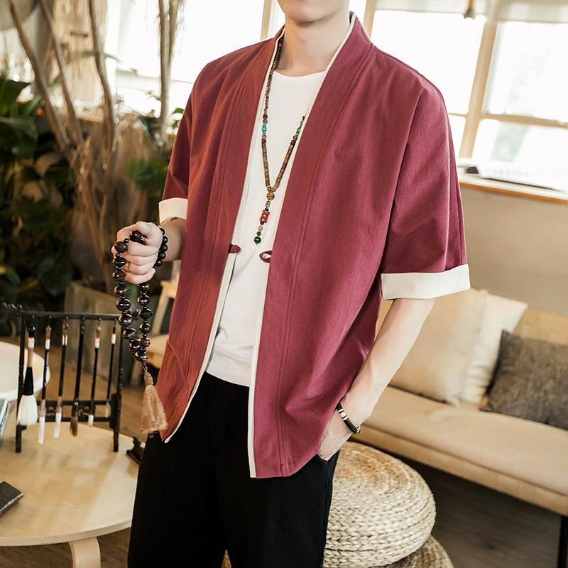 Sommer menn Kimono jakker Cardigan Lett Uformell bomullsblandinger Lin Syv Ermer Åpen Front Hanfu Coat