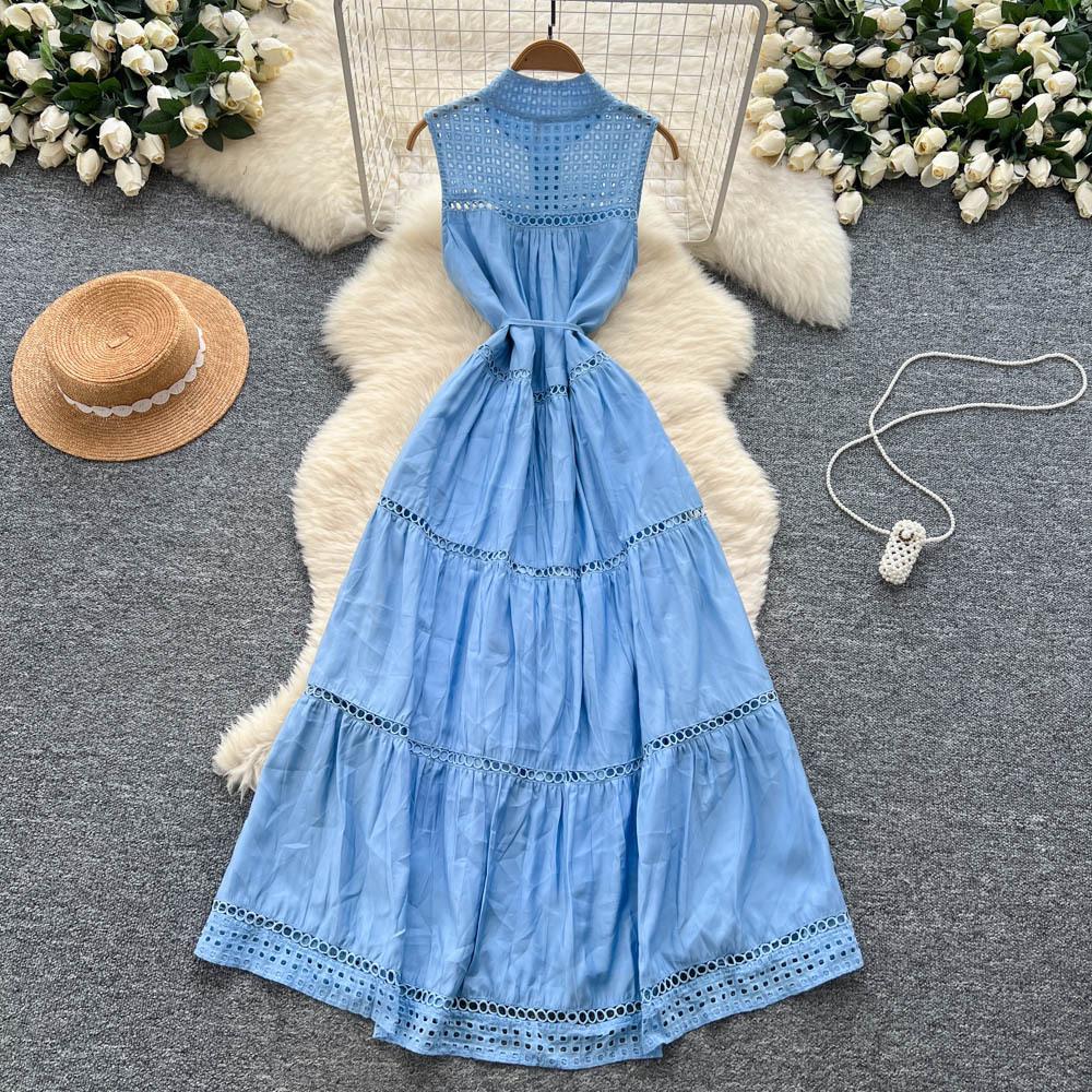 French high-end strap waist sleeveless hollowed-out embroidery waist dress women's summer thin temperament long skirt