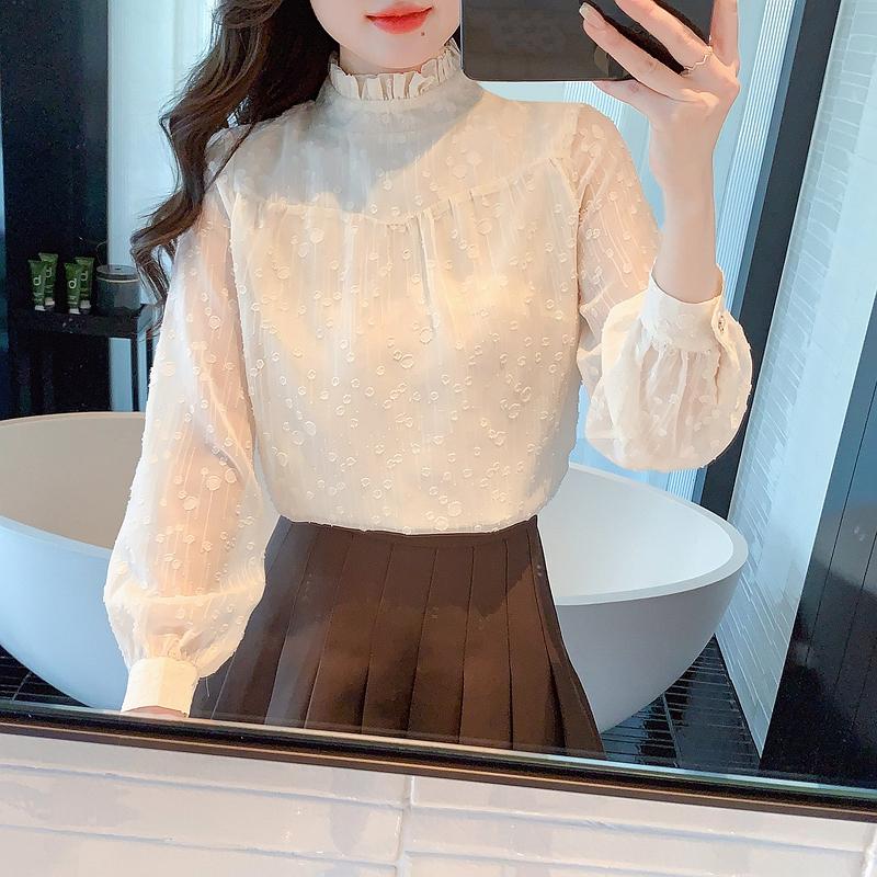 Autumn Fashion New 2024 Long Sleeve Ruffled Collar Casual Apricot Chiffon Blouse Shirt Women Tops Blouses Shirts J454