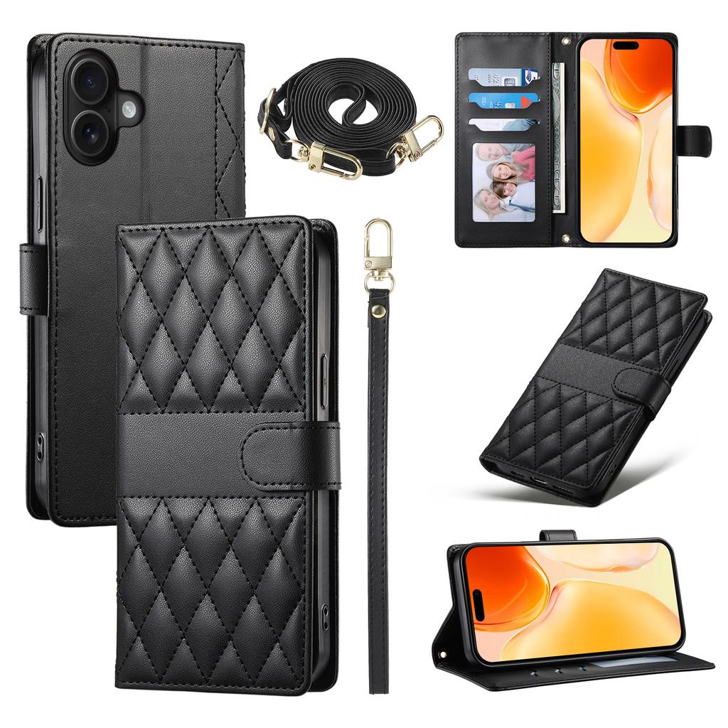 For iPhone 17 Case Rhombus Stitching Wallet Stand Leather Phone Cover with Long/Short Strap