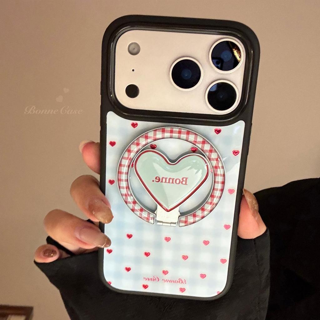 Niebieskie Kratkowane Etui na Telefon z Serduszkowym Stojakiem dla iPhone 16, iPhone 17, iPhone 17 Pro Max