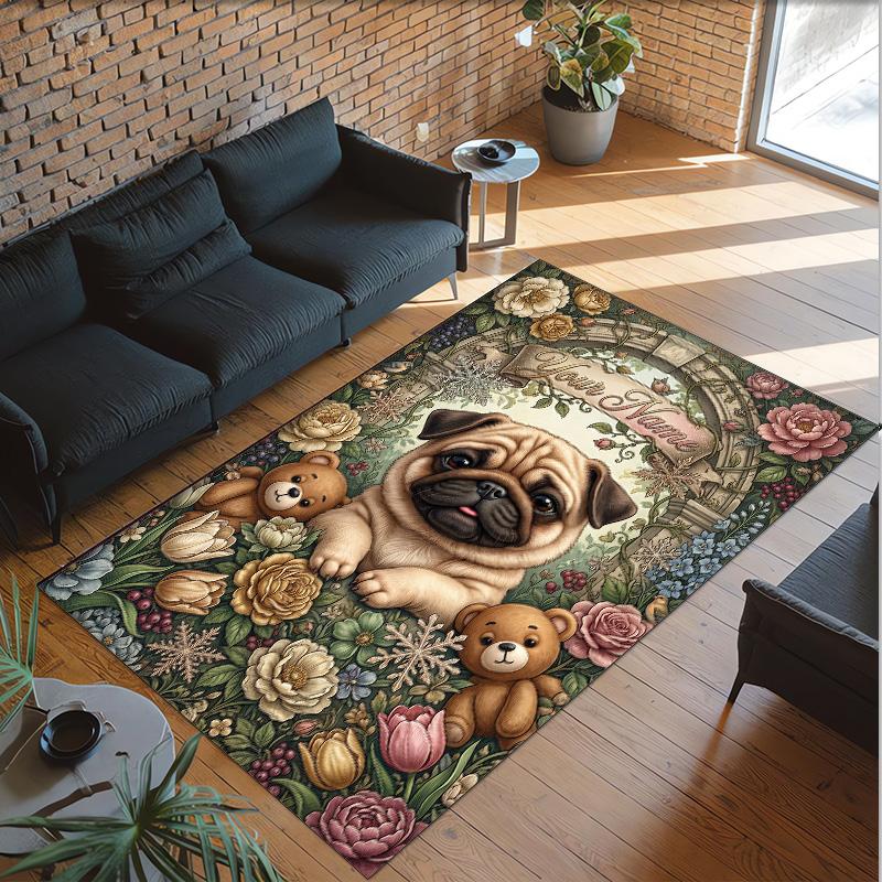 Pug Theme Crystal Velvet Floor Rug Personalized Custom Name Text Warm Carpet Home Decoration