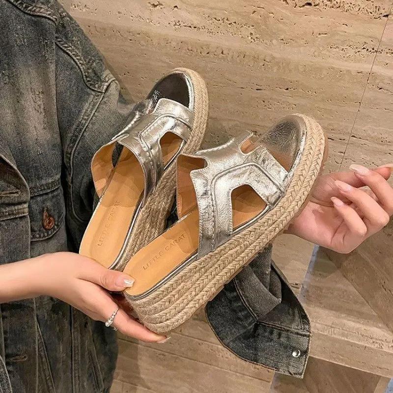Spring Summer Women's Slippers Hollow Out Strap Waterproof Thick Heel Woven Rope Country Style Slip-On Shoes