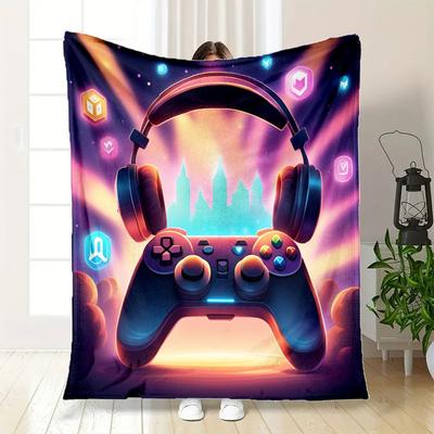 "Vibrant Gaming Controller with Headphones - Neon Lights Design"Blanket Flannel Throw Blanket for Sofa, Bed, Travel, Camping, Office, Couch,