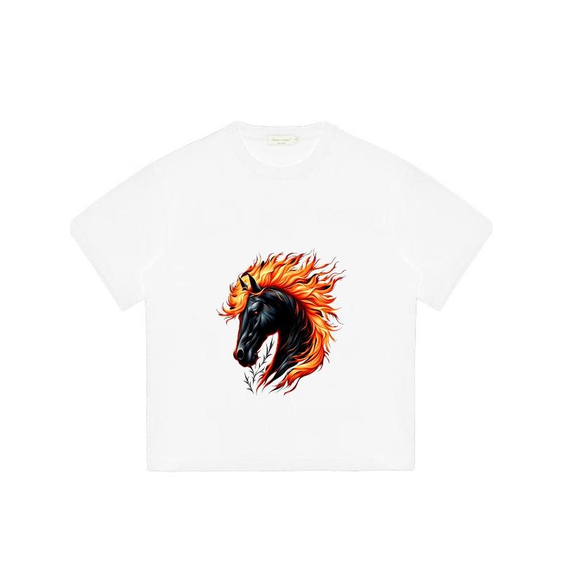 Black T-Shirt With Flame Horse Head Print For Casual Wear