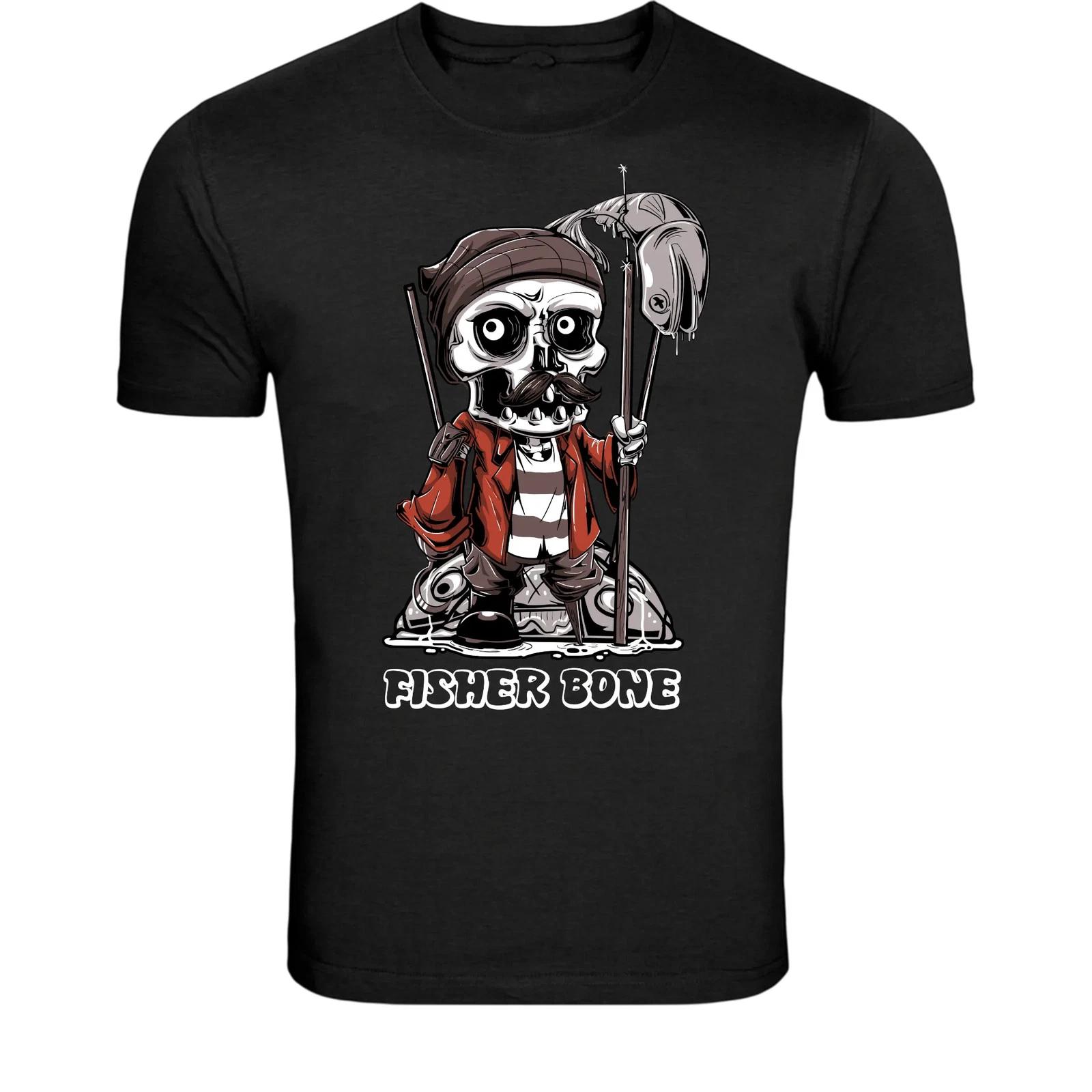 Fisher Bone Funny Skeleton Fisherman T-Shirt - Cartoon Skull S
