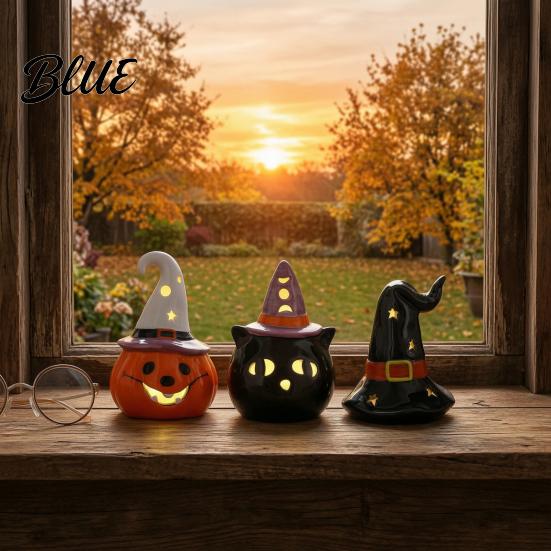 Cute Ghost Pumpkin Wizard Hat Decor Halloween Ceramic Tealight Holder Lighted Figurine with Ornament for Home Witch Hat Tiered Tray Tabletop
