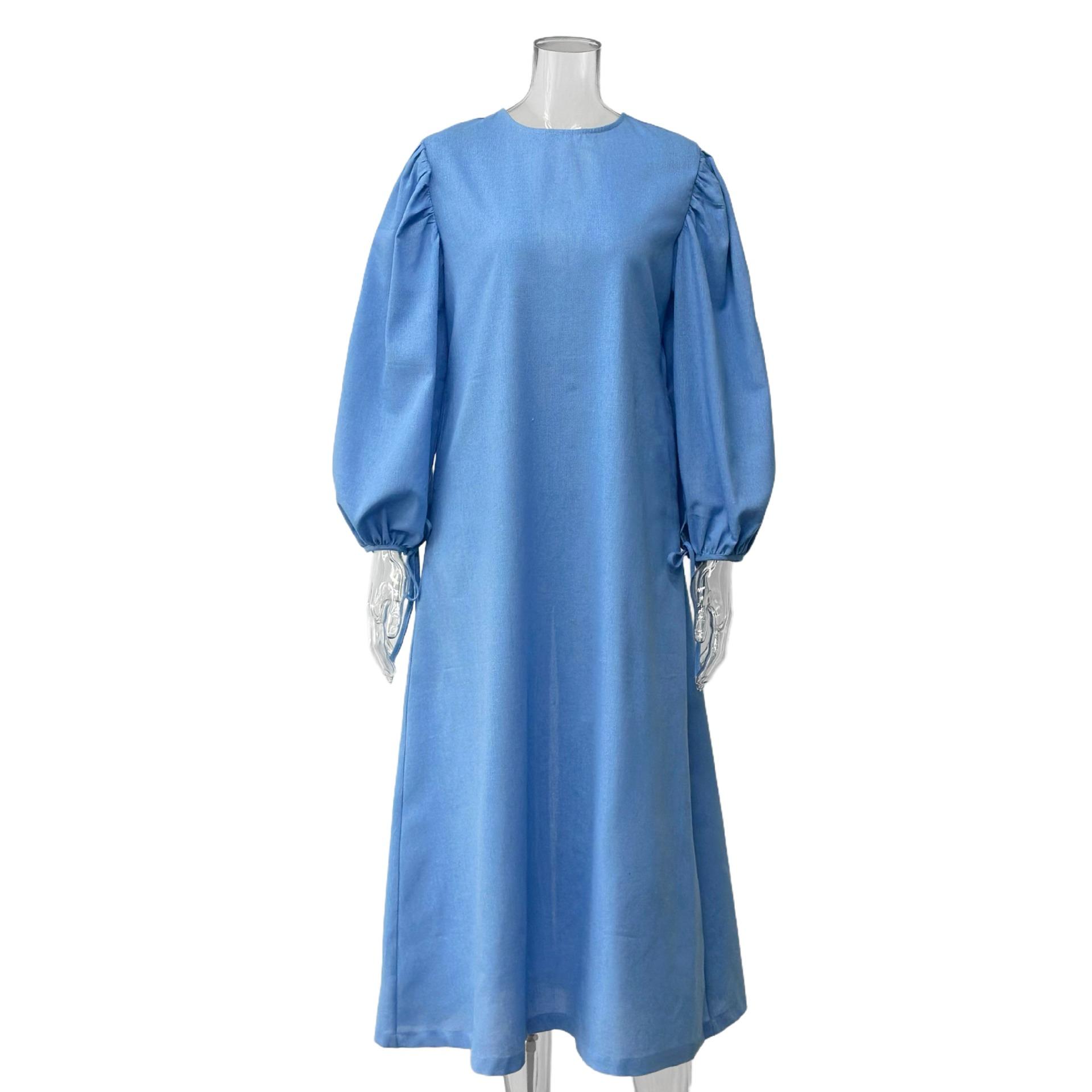 Europe, America, Spring and Autumn, Women s Clothing Casual Vacation Loose Slit Long Dress Lantern Sleeve Dress S синий