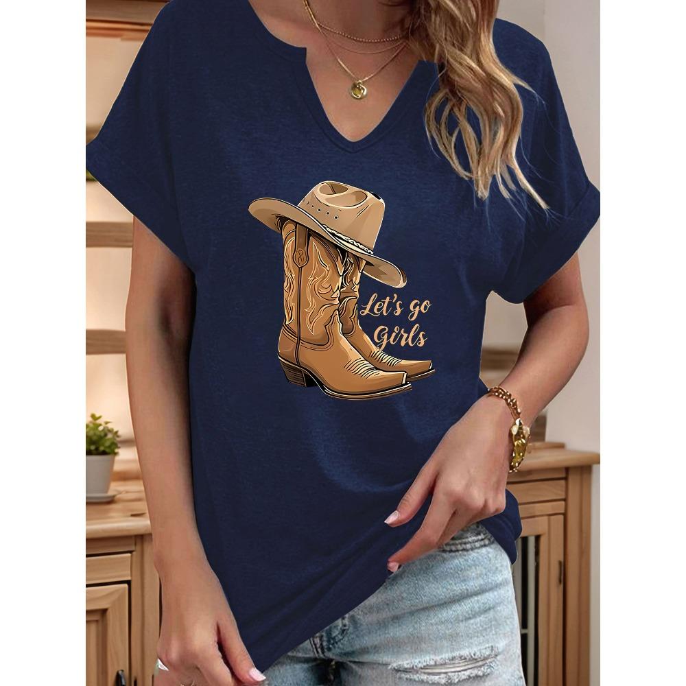 Let's Go Girls Cowboy Boots Letter Print Women T Shirt Short Roll-up Sleeve V-Neck Summer Casual Top T-shirts for Women