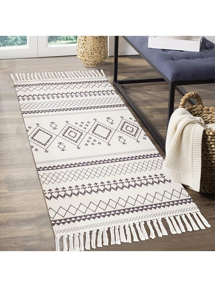 Polyester Cotton Jute Woven Fringe Rug - Washable Non-Slip Bedside Carpet for Bedroom, Boho Minimalist Floor Mat
