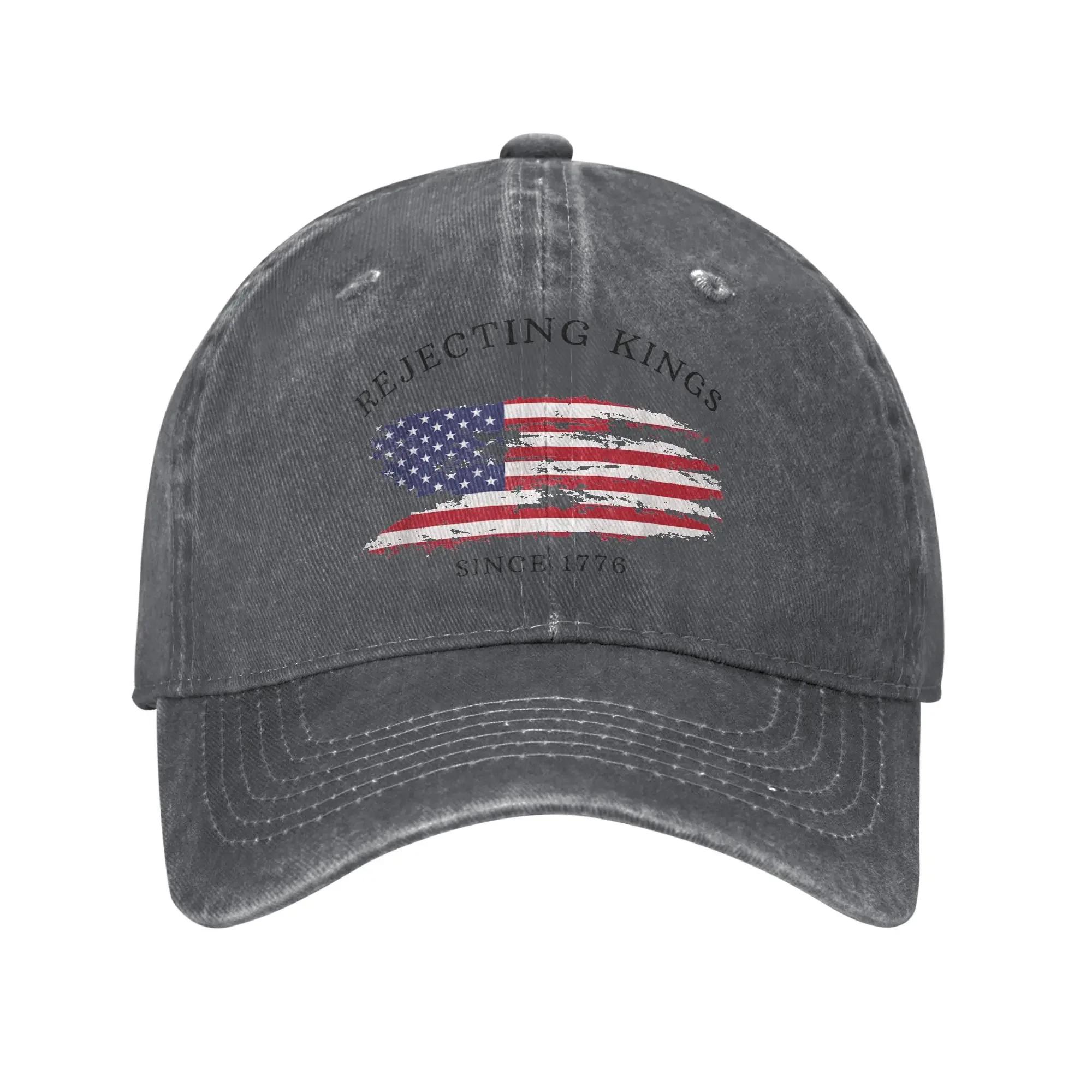 

Vintage Rejecting Kings Since 1776 Baseball Caps Unisex Distressed Denim Sun Cap Protest Pro Democracy Outdoor Adjustable Hat Adjustable