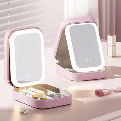 Travel Makeup Bag with LED Mirror USB Rechargeable 3 Colors Adjustable Lighted Vanity Mirror Portable Travel Mini Mirror Cosmetic