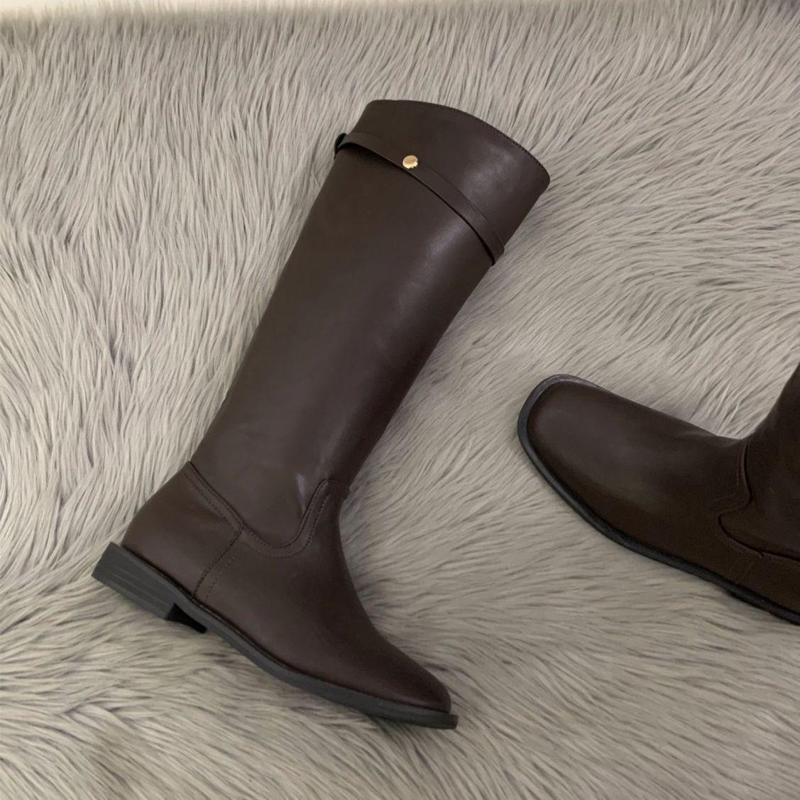 

толстый каблук корейская версия прямые сапоги женская обувь 2025 новый осень и зима черные сапоги-локомотивы средняя голень рыцарские сапоги 39