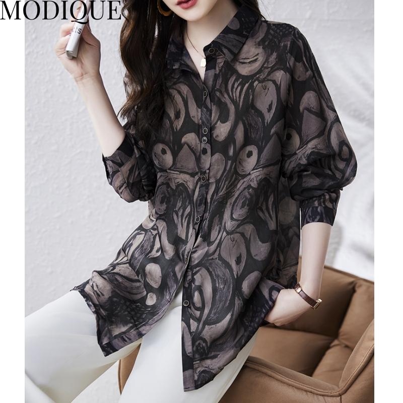 MODIQUE Spring Summer Plus Size New Women Loose Vintage Cotton Linen Floral Print Blouse Shirts Female Casual Oversize Long Sleeve V-Neck Top T-Shirt