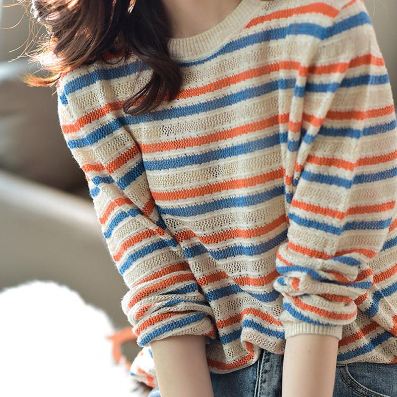 Women Sweaters Pullovers 2025 Autumn Winter Long Sleeve O-Neck Striped Knitted Sweater Women Tops Pullover JJ172