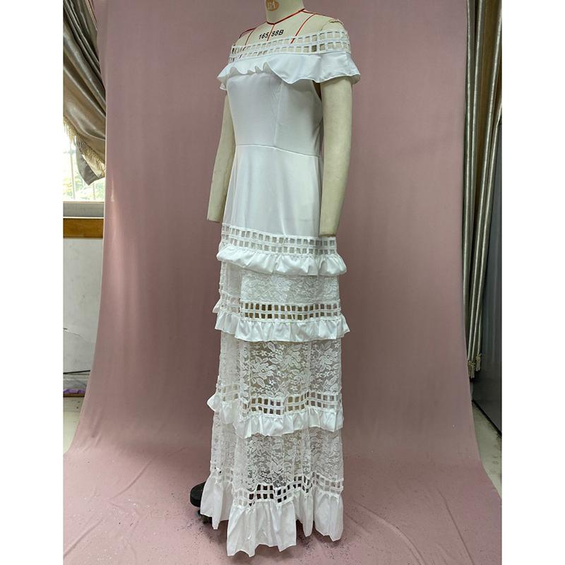 Summer New Vintage Off Shoulder Sexy Dress Women Ruffled Hollow Out Lace White Party Loose Dress Women Elegant High Waist A Line Casual Dresses 25088