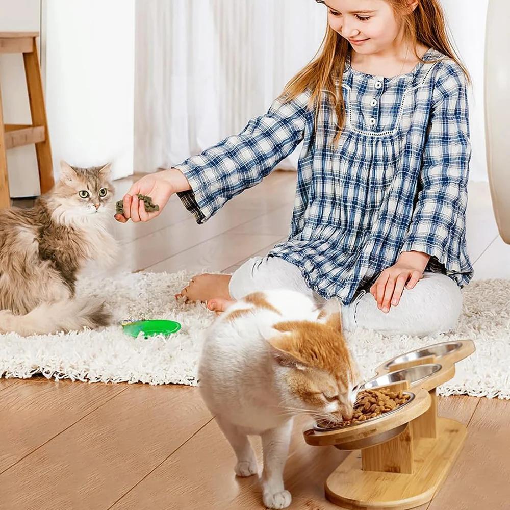 Cat Feeding Station Stainless Steel Elevated Cat Bowls With 15 Degree Tilted Wood Stand Raised Cat Food Bowls for Cats and Puppy