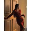 Retro red V-neck knitted dress for women's autumn and winter new medium and long temperament slim and thin hip skirt