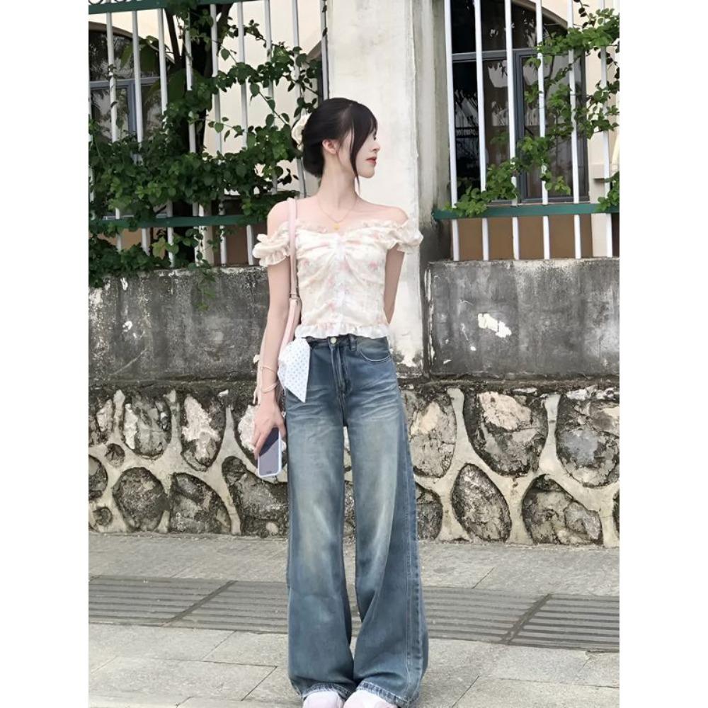 Einzigartiges florales kurzes Stilvolles Taillen-V-Ausschnitt Puffärmel Einseitig schulterfrei Süß und Würzig Top Shirt