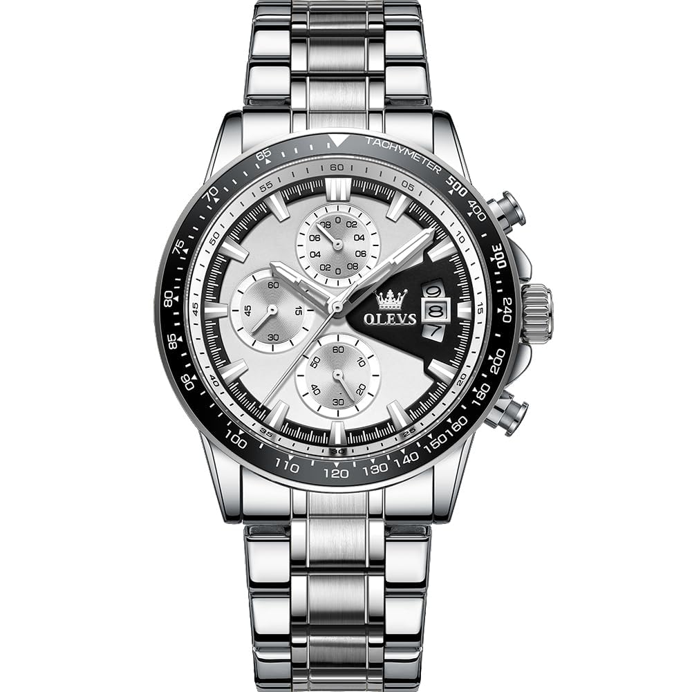 OLEVS Watch Men Quartz Stylish Multifunction Stainless Steel Waterproof Luminous Date Analog Fashion Student Business Watch for Men White