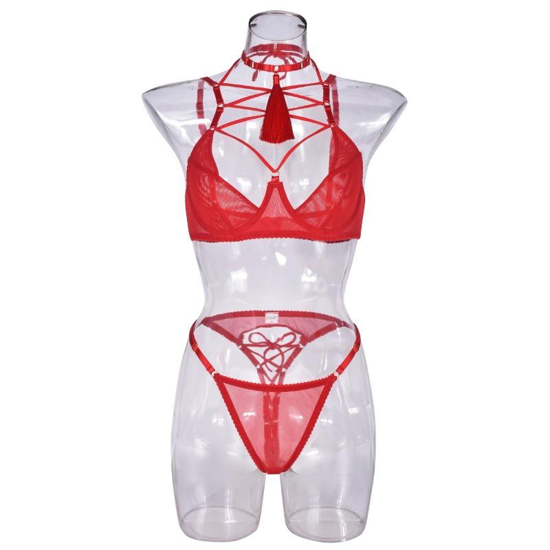 Sex underwear straps gather hollowed-out milk mesh neck ring pendant, three-piece set