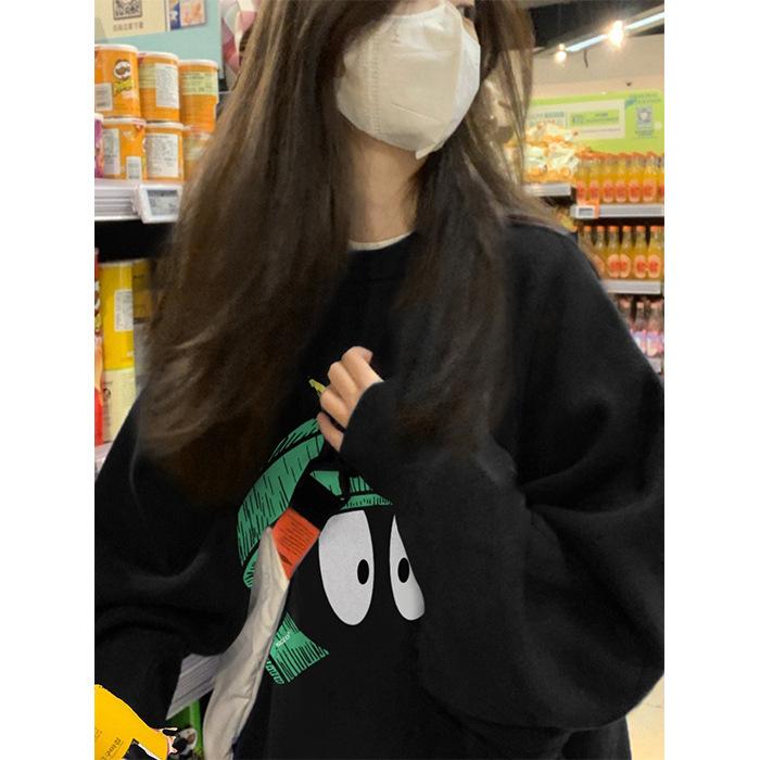 Fleece Fun Cartoon Printing Crew Neck Sweater Casual Pullover Female and Male Couples Trendy Coat