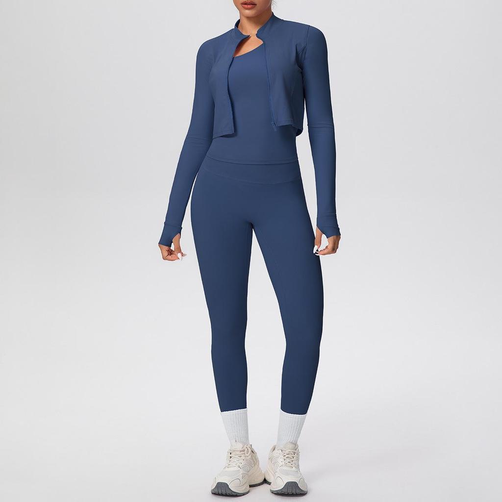 Cloud-like Quick-dry Zipper Jacket & High-waisted Yoga Suit - 3pc Outdoor Running Fitness Set