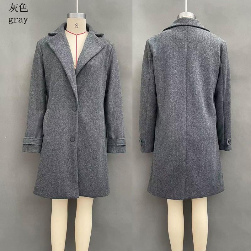 2026 Womens Vintage Casual Mid-Length Lapel Wool Blend Coat Solid Color Single-Breasted Outerwear