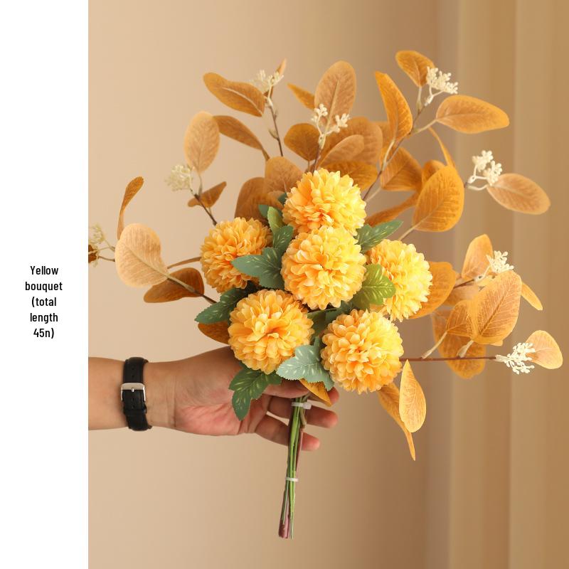 Eucalyptus Ball Chrysanthemum Bouquet in Ceramic Vase - Artificial Dried Flowers for Living Room or Dining Table Decor
