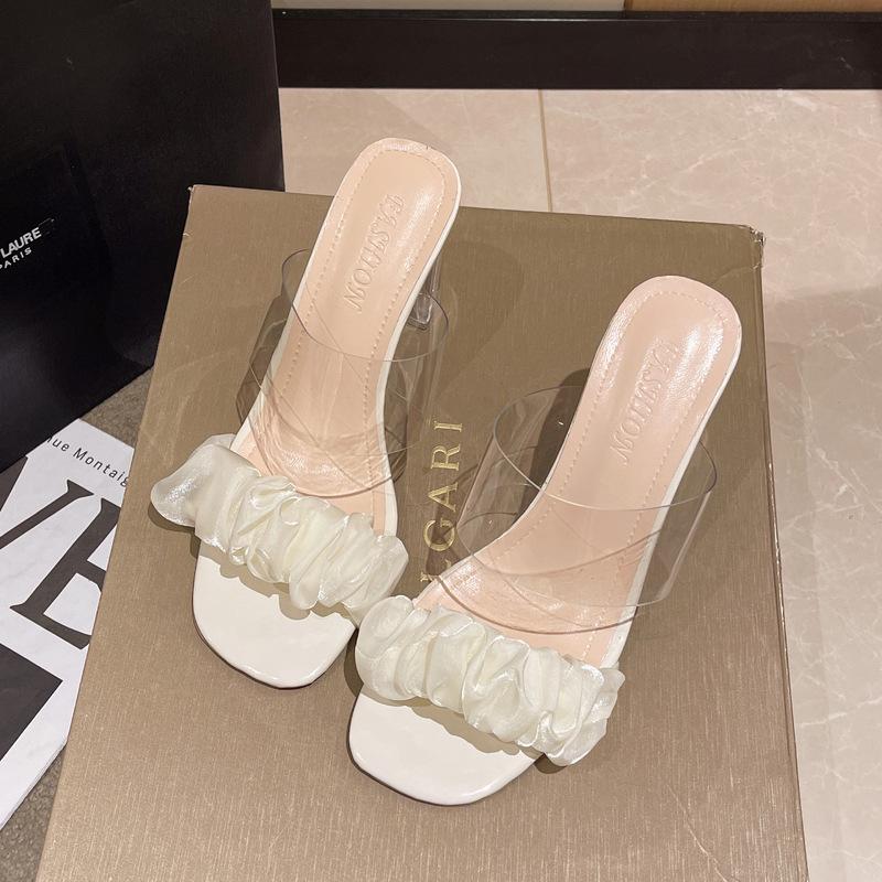 

Transparent high-heeled cool slippers women s summer fashion 2025 new Internet celebrity versatile outer slippers with skirt crystal thick heel 40 белый