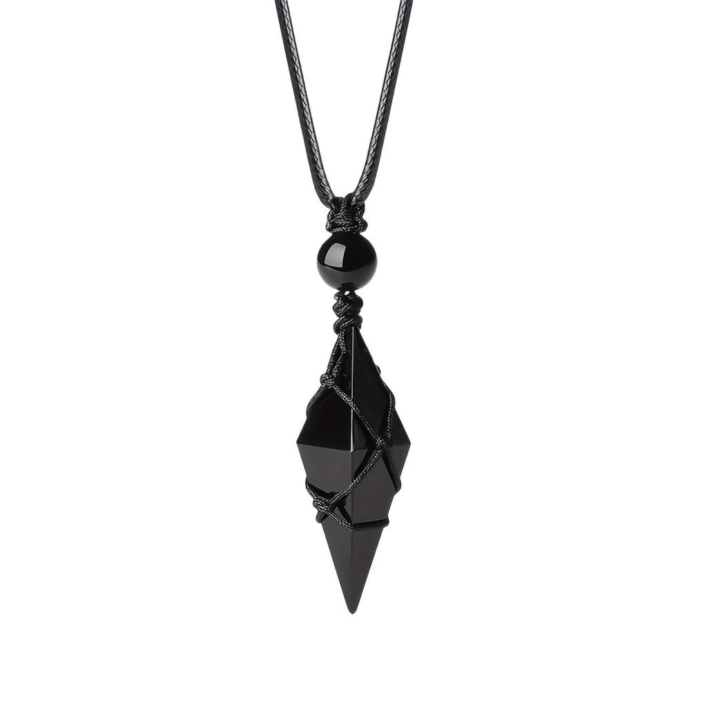 Unisex Adjustable Obsidian Pendant Necklace - Geometric Crystal with Woven Rope for Couples