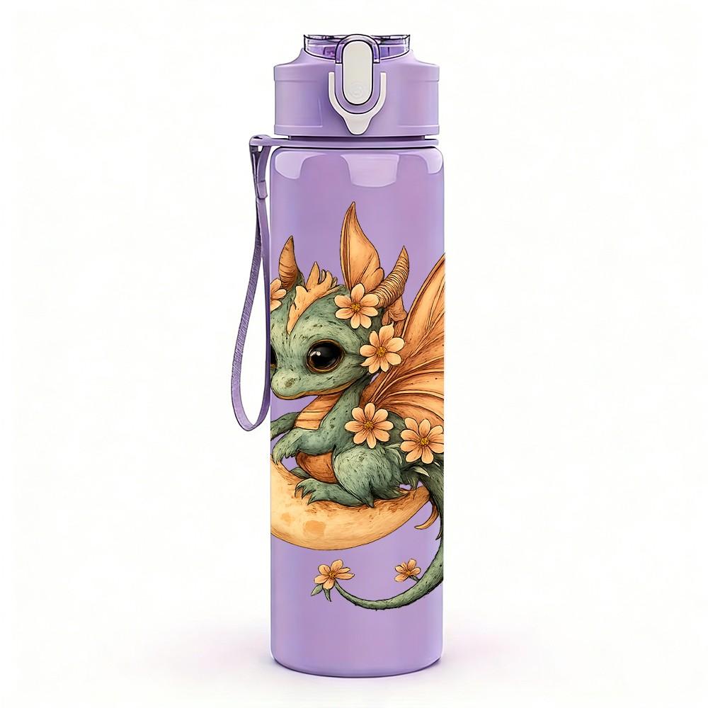 1PC Cute Green Baby Dragon 750ml Color Plastic Sports Water Bottle Leakproof Flip Straw Lid Suitable for Sports Office Home Use