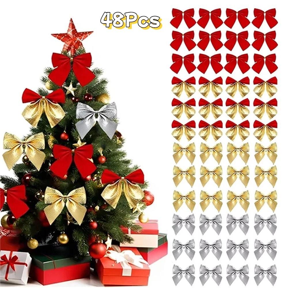 48Pcs DIY Craft Christmas Bowknot Ornaments Christmas Tree Bow Decoration  Home Christmas Decor