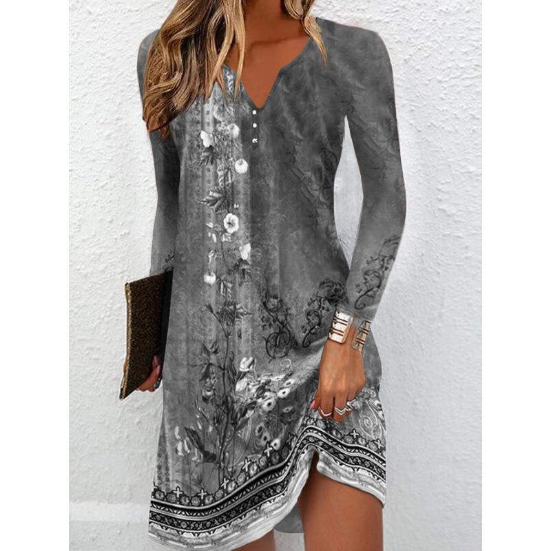 

Autumn Long Sleeve V-Neck Button Irregular Dress Women s Clothing XXL темно-сірий