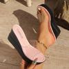 Thick bottom round head transparent one-word wind summer new large size women's wedge slippers