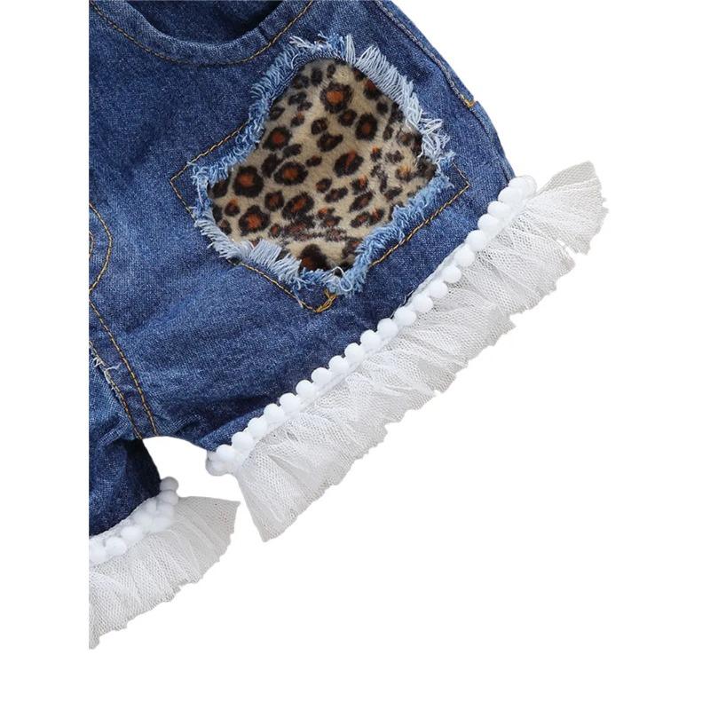Baby Girls Denim Casual Outfit Sets Sleeveless Leopard Print Denim Leopard Print Denim Shorts Suits Girls