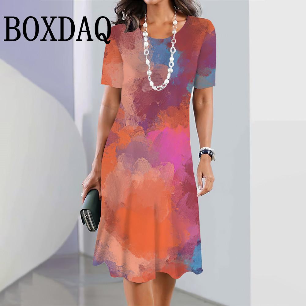 Colorful Tie Dye Gradient Summer Dress Women's Short Sleeve Round Neck Clothes Daily Casual Fashion Loose Mini A-Line Dress