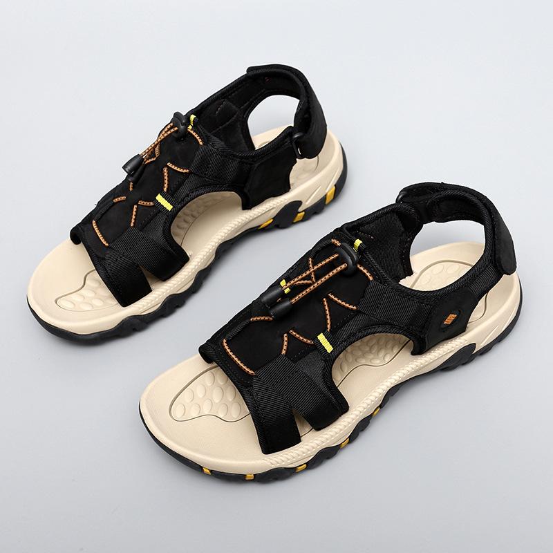 

Мужские сандалии большого размера, модные спортивные кожаные сандалии и тапочки для занятий спортом на открытом воздухе, дышащая и универсальная летняя повседневная пляжная обувь 38 чёрный