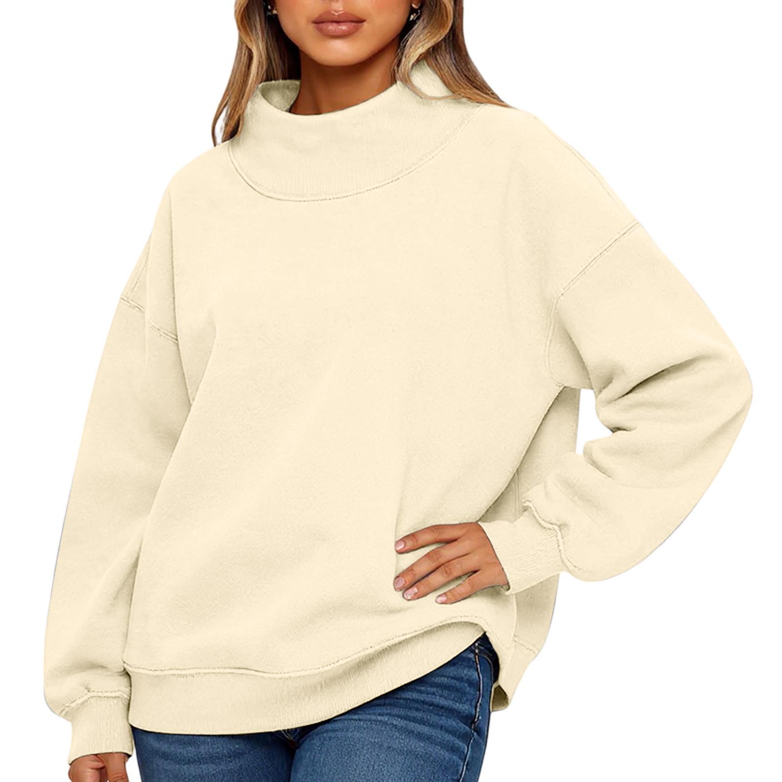

Ladies Fashionable Loose High Neck Long Sleeved Color Hoodie Top Pullover XXL бежевый