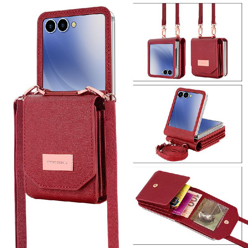 Stylish multi-card slot coin purse/phone case for Samsung Z Flip7, drop-proof, foldable, anti-lost, includes long crossbody strap.